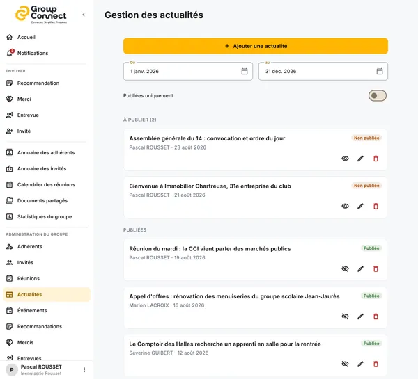 Fil d'actualités du groupe dans Group Connect