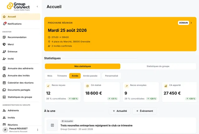 Tableau de bord Group Connect sur la plateforme web