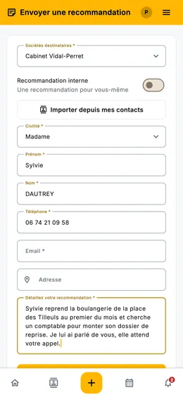 Saisie d'une recommandation depuis l'application mobile