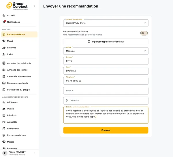 Saisie d'une recommandation d'affaires dans Group Connect