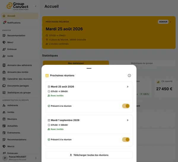 Feuille de présences et invités d'une réunion dans Group Connect